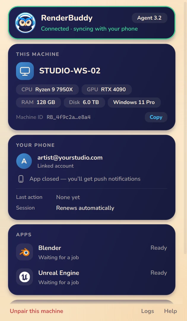 The Agent window in Day theme: connected, this machine's specs, your phone and apps
