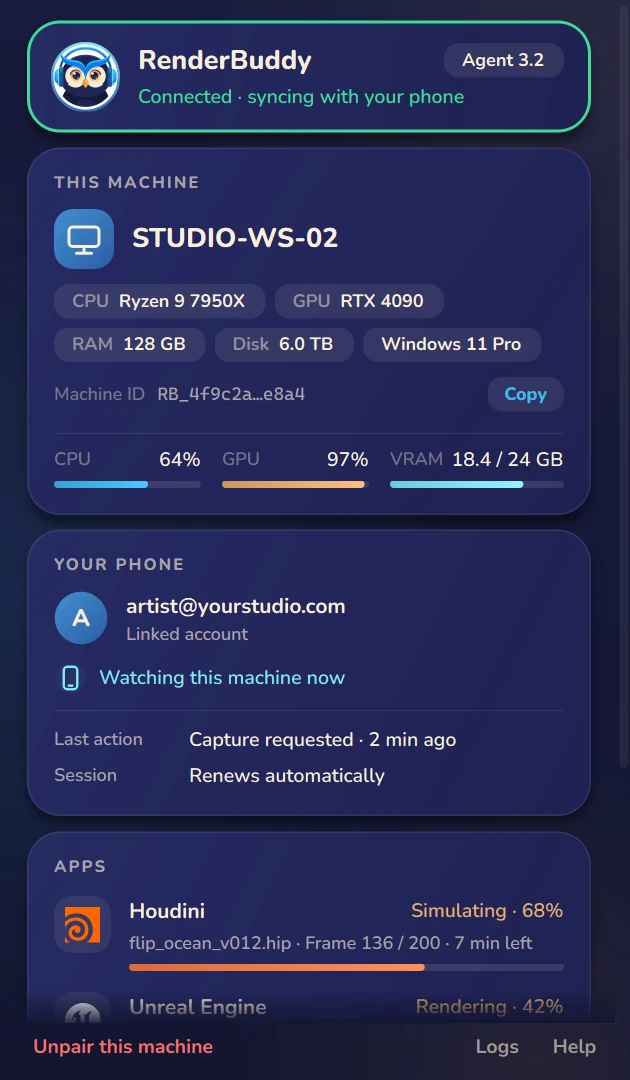 The Agent window in Night theme while two apps render