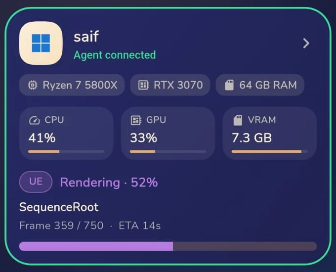 A machine card: Unreal Engine rendering at 52 percent