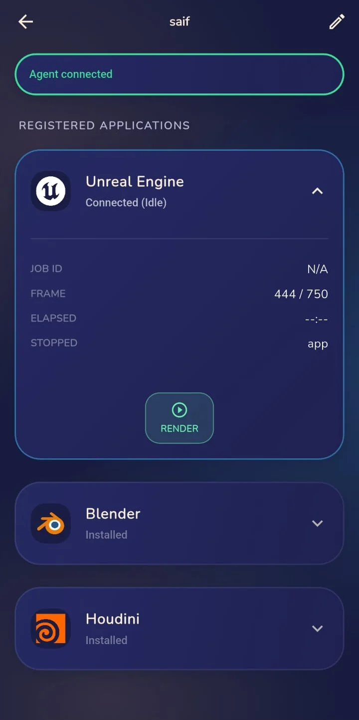 The machine page with Unreal Engine idle and a Render button