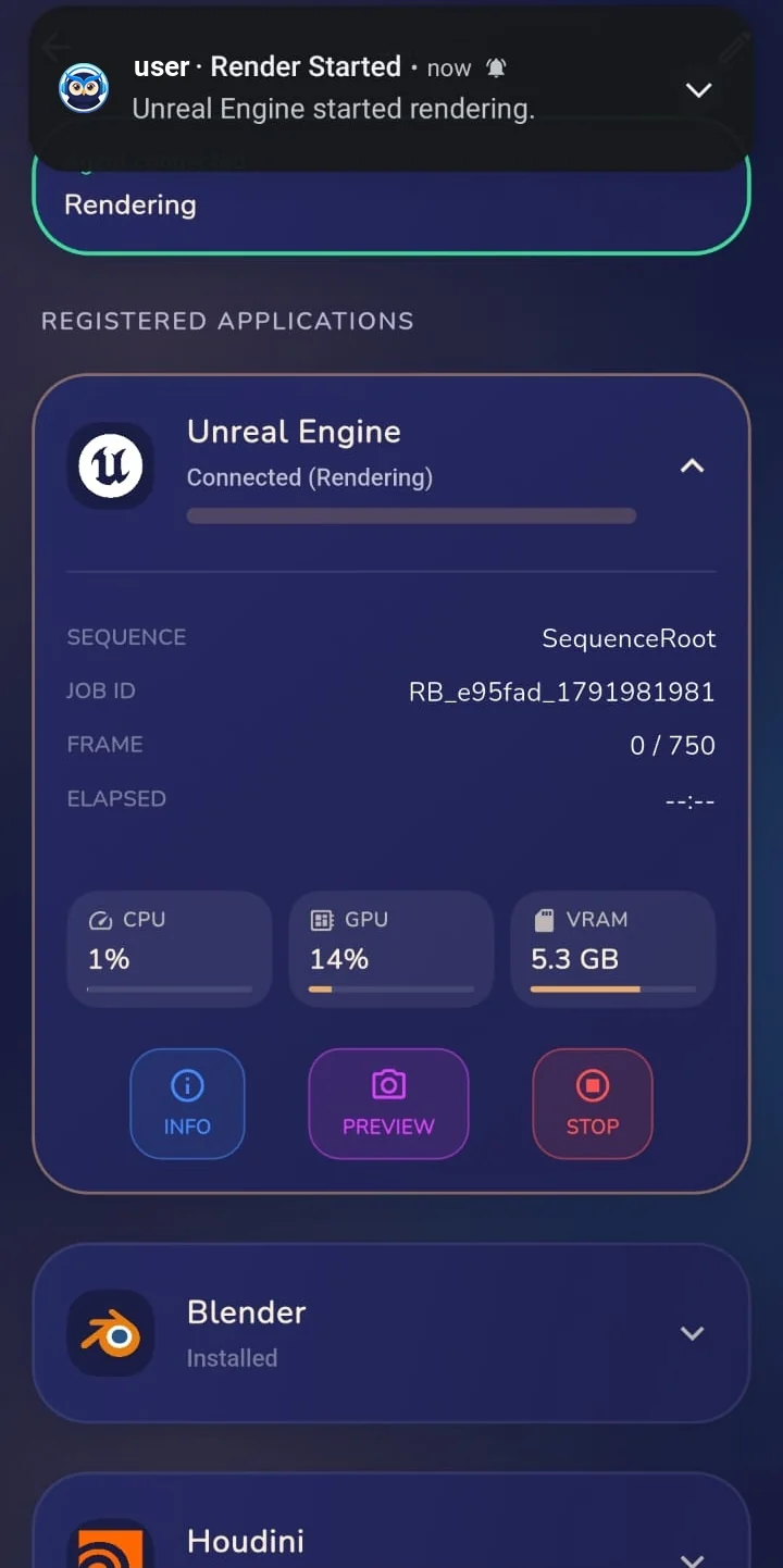 The machine page with a Render Started notification at the top